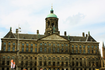 Fototapeta na wymiar Dam Square and Rayal palace lies in the historical center of Amsterdam, approximately 750 meters south of the main transportation hub, Centraal Station.