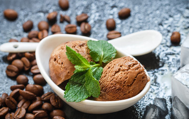 Coffee ice cream with mint leaves in a white Cup
