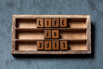 Life is life, opposite opponent concept. Shabby wooden box, cubes with old style letters, Gray...
