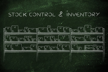 warehouse shelves with products in boxes, stock control & invent