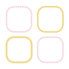 Cute pink and gold set of hand drawn heart frames isolated on white background.