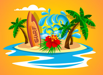 Fototapeta na wymiar Surfboard on the paradise island. Summer holiday theme