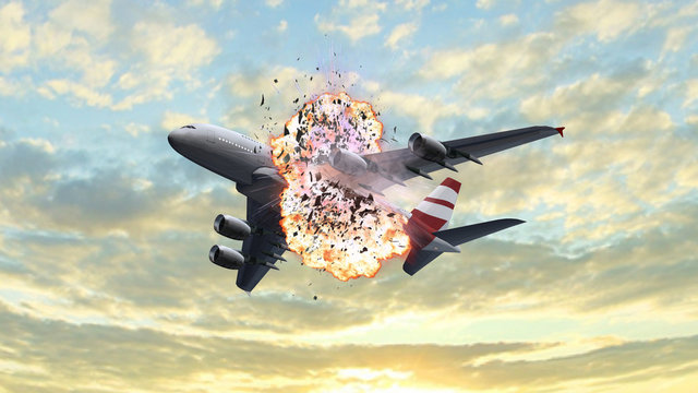 Passenger Airplane with a big explosion at the sky