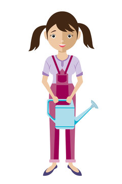 Girl in working clothes with a watering can in his hands
