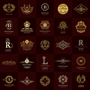 Line graphics monogram. Vintage Logos Design Templates Set. Business sign Letter emblem. Vector logotypes elements collection, Icons Symbols, Retro Labels, Badges, Silhouettes. Premium Collection