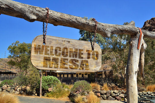 wood signboard with text " welcome to Mesa" hanging on a branch