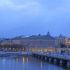 Naklejka premium Stockholm, Sweden - March, 16, 2016: night cityscape with the image of a center of Stockholm, Sweden