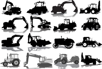 Vector set from silhouettes of 16 tractors