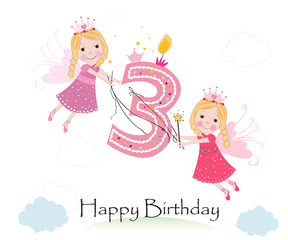 Happy third birthday with cute fairy tale greeting card vector