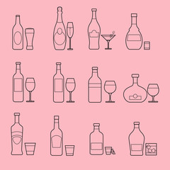 Alcoholic drinks with glasses icons set. Vector illustration.