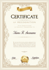 Certificate of Recognition Vintage Frame with Gold Ribbon. Portrait.