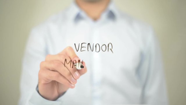 Vendor Management, Man Writing on Transparent Screen