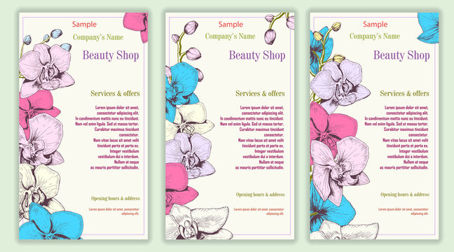 Beauty shop, set of banners. Vintage style, hand drawn. Vector.