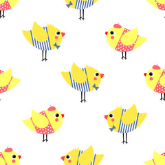 French style chicks seamless pattern on white background. Cute cartoon boys and girls birds vector illustration. French style dressed birdies illustration.