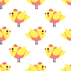 French style chicks seamless pattern on white background. Cute cartoon girls birds vector illustration. French style dressed birdies with hat and polka dots dress.