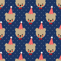 Happy teddy bear with birthday cap seamless pattern. Vector background with boy teddy bear. Cute design for birthday party. Child style illustration.