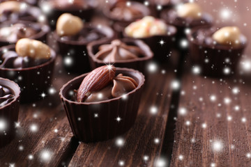 Chocolate sweets with snow effect