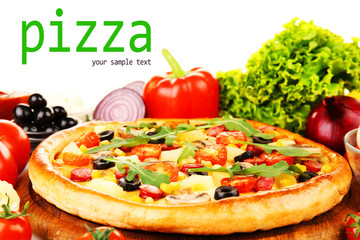 Delicious pizza with vegetables, close-up