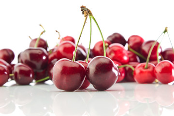 Three cherries with a sprig