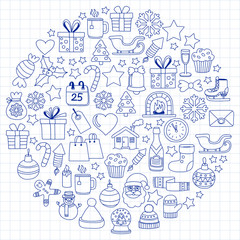 Doodle vector icons Merry christmas and happy new year