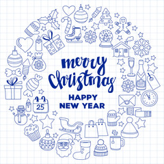 Doodle vector icons Merry christmas and happy new year