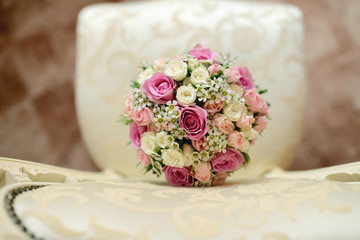 Beautiful wedding colorful bouquet for bride. Beauty of colored flowers. Close-up bunch of florets. Bridal accessories. Female decoration for girl. Details for marriage and for married couple
