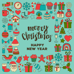 Naklejka premium Doodle vector icons Merry christmas and happy new year