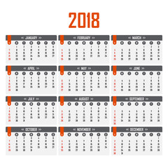 Calendar for 2018. Week starts on Sunday