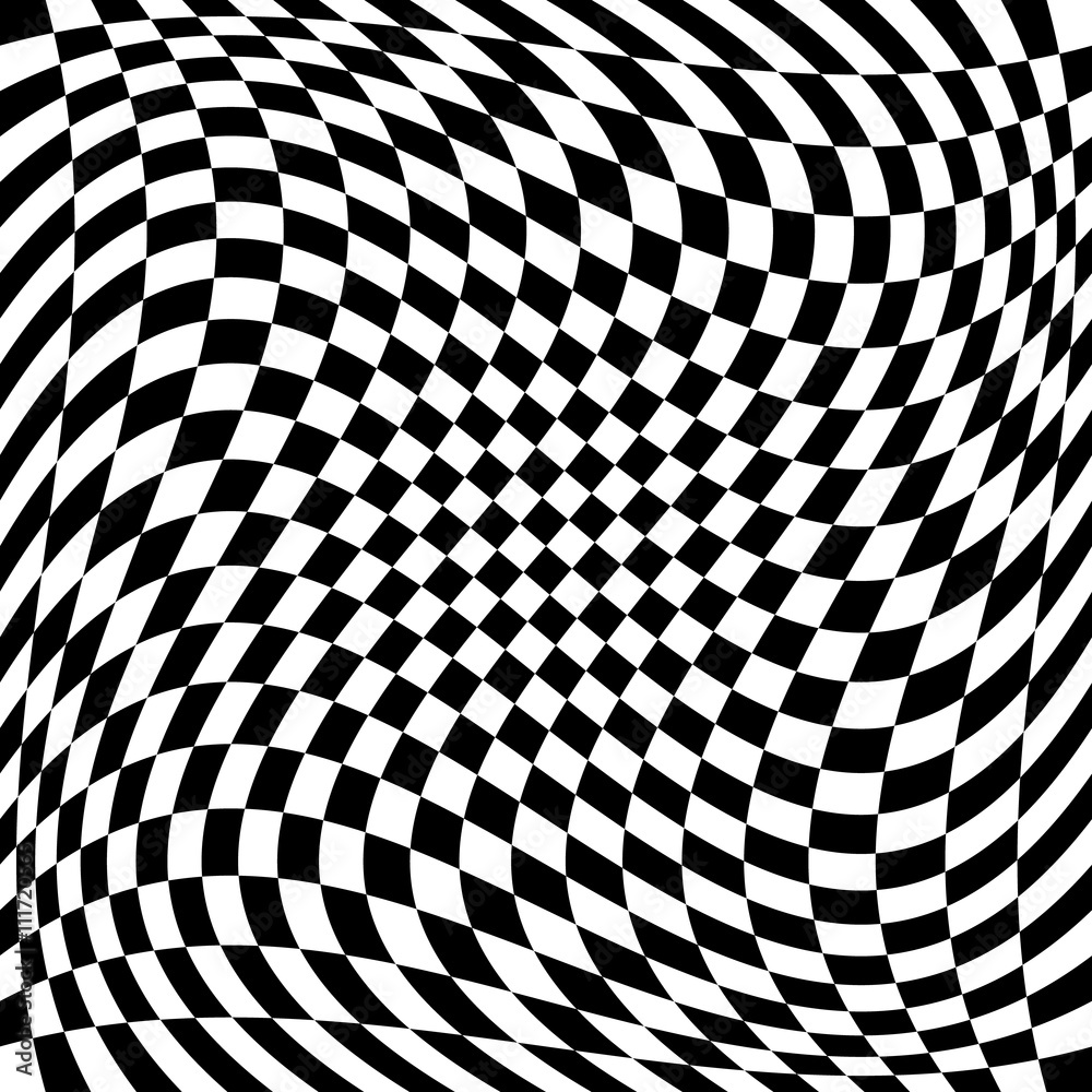Poster checkered pattern with spiral, twirl, swirl distortion effect.