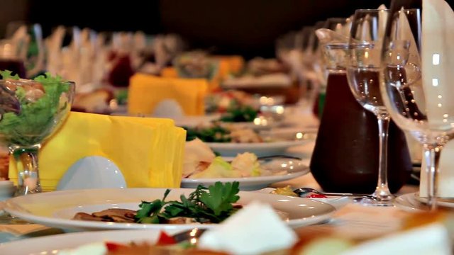 banquet table movement Picking finger food, canaps sandwiches at party buffet