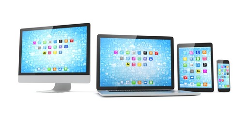 Responsive web design, laptop, smartphone, tablet, computer, display. 3d rendering.