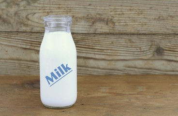 Milk and old style bottle on wood table