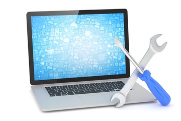 3D Illustration Wrench and screwdriver on laptop, service concept