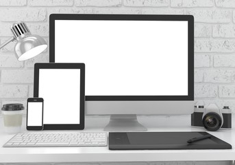Fototapeta premium Responsive mockup screen. Monitor, tablet, phone on table in office. 3d rendering.