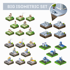 A large set of isometric city map with lots of buildings, skyscrapers, roads and factories