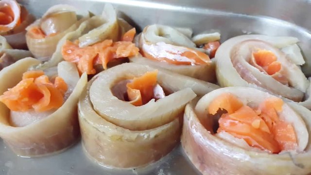 Homemade fish rolls, made of perch and salmon