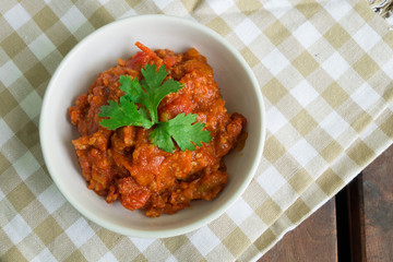 Thai Northern local Style minced Pork and Tomato Relish paste dip. Nam Prik Ong. 
very famous spicy yummy hot chilli pepper paste sauce.
