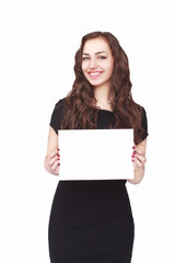 Fototapeta premium happy woman holding white blank paper