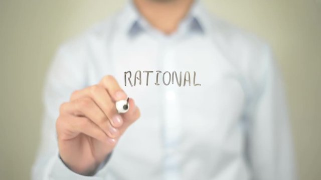 Rational Thinking , Man writing on transparent screen