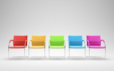 Five colored chairs in empty space 3D render