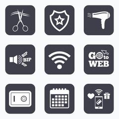 Hotel services icon. Wi-fi, Hairdryer and safe.