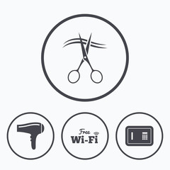 Hotel services icon. Wi-fi, Hairdryer and safe.