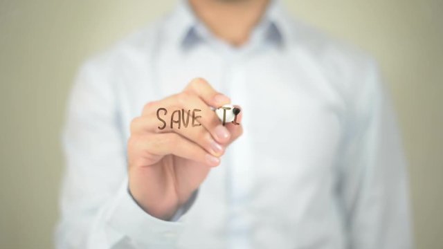 Save Time, Man Writing on Transparent Screen