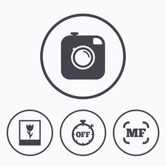 Photo camera icon. Manual focus and Macro signs.