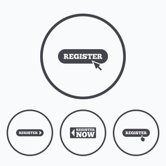 Register with hand pointer icon. Mouse cursor.