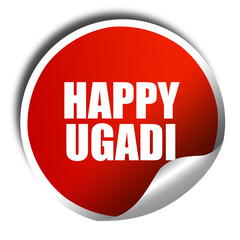 happy ugadi, 3D rendering, a red shiny sticker