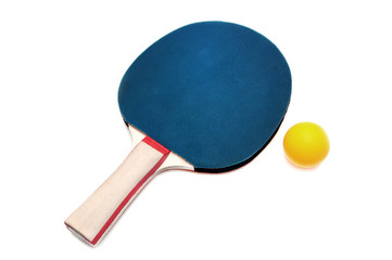 blue color table tennis racket or ping-pong racket with ball on white background