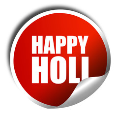 happy holi, 3D rendering, a red shiny sticker
