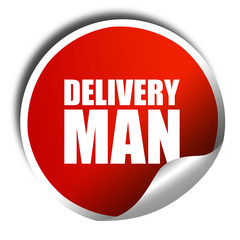 delivery man, 3D rendering, a red shiny sticker