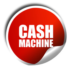 cash machine, 3D rendering, a red shiny sticker